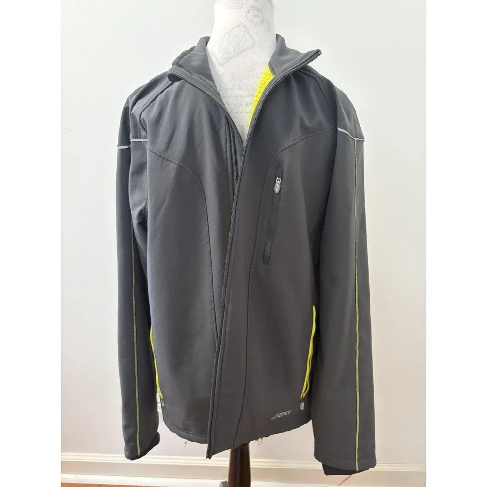 Asics Men's Jacket L Gray Zippered Chest Pocket Running Neon